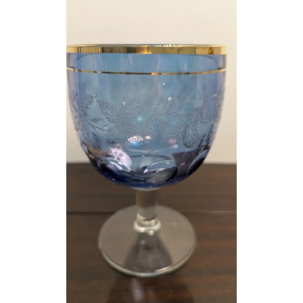 Vintage Blue Glass Goblet Gold Gilt Etched Grapevine Thumbprint Wine Glass